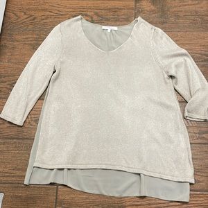 Cotton V neck sweater with Rayon back panel, neutral earth tone color